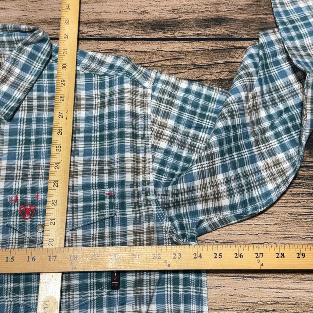 Ariat FR Cobb Work Shirt Mens Large Blue Green Plaid Flame Resistant Snap NEW - Picture 7 of 9